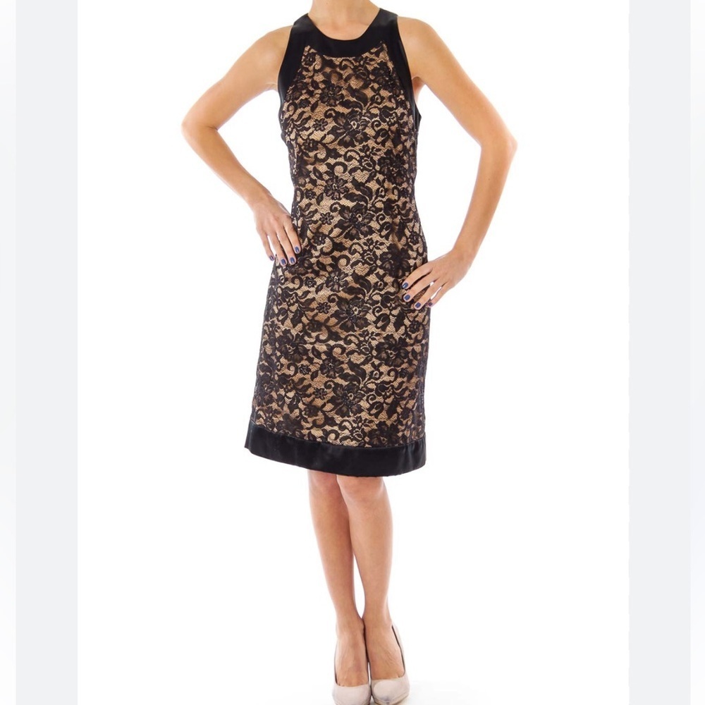 Badgley Mischka Black‎ Floral Lace Nude Satin Sleeveless Cocktail Dress Sz 4 LBD